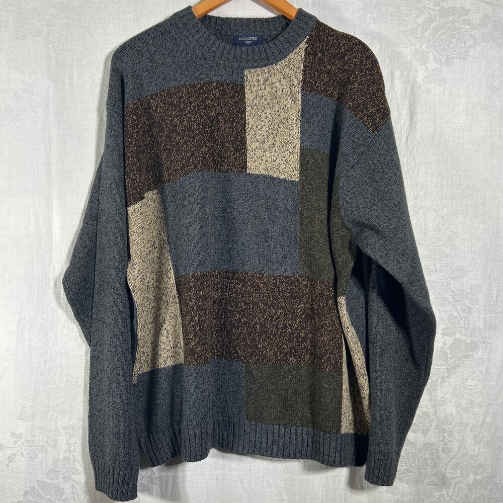 Vintage Sweater XL Gray Geometric Crew Neck Australia Cotton Dockers Jumper